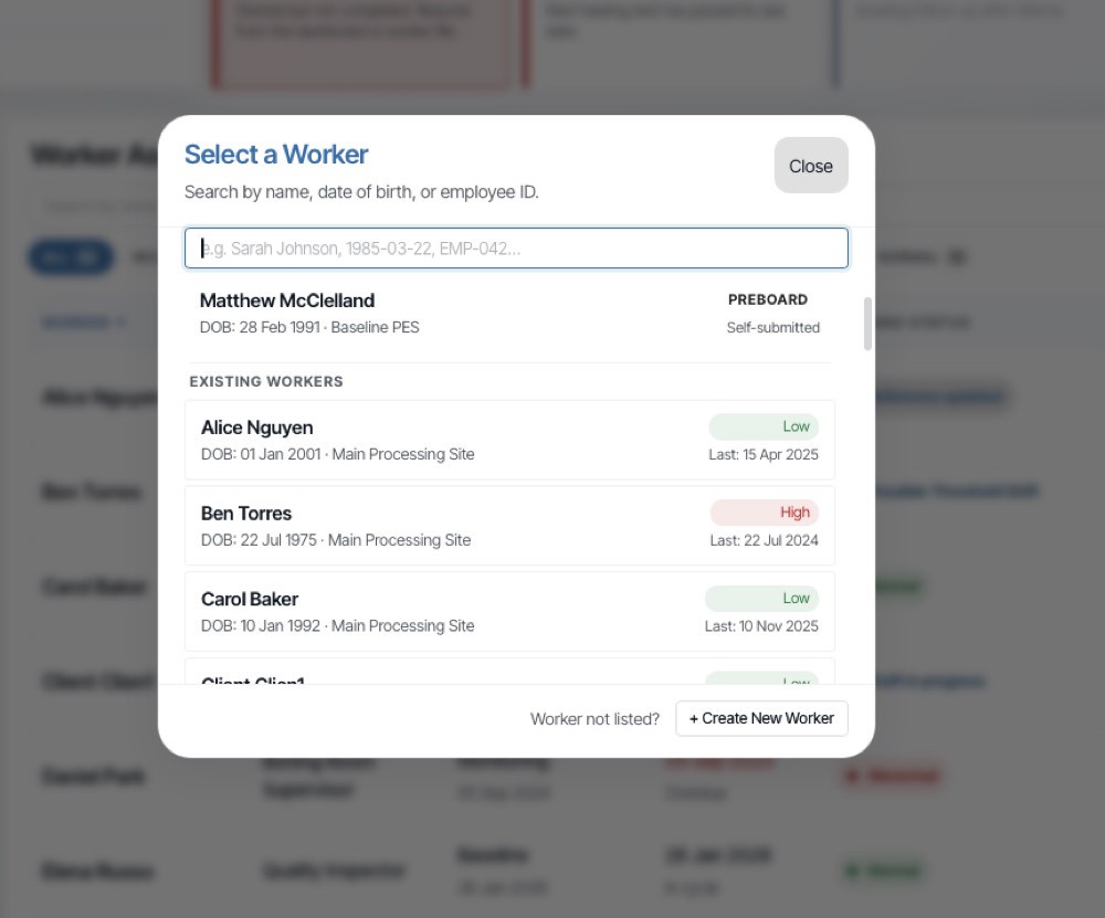 Worker search dialog: find a worker by name, date of birth or employee ID, with risk level and last test date beside each result