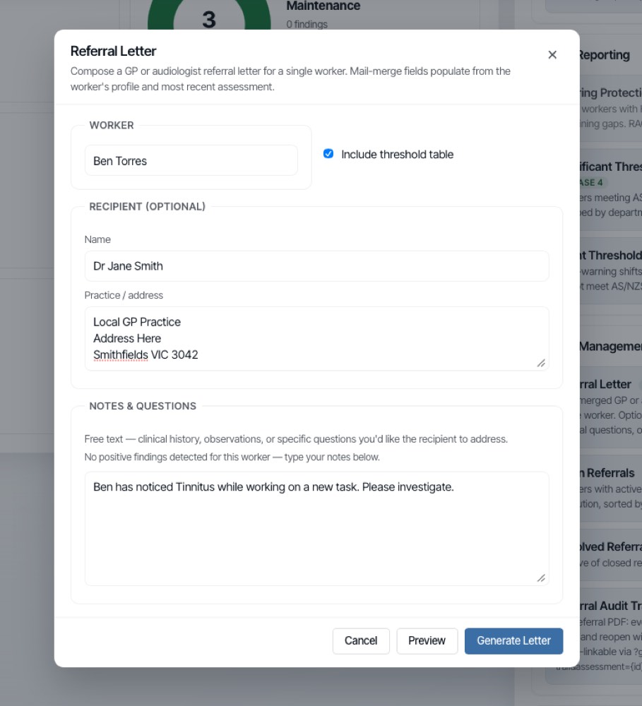 The referral letter composer, mail-merging worker details and assessment findings with tester notes