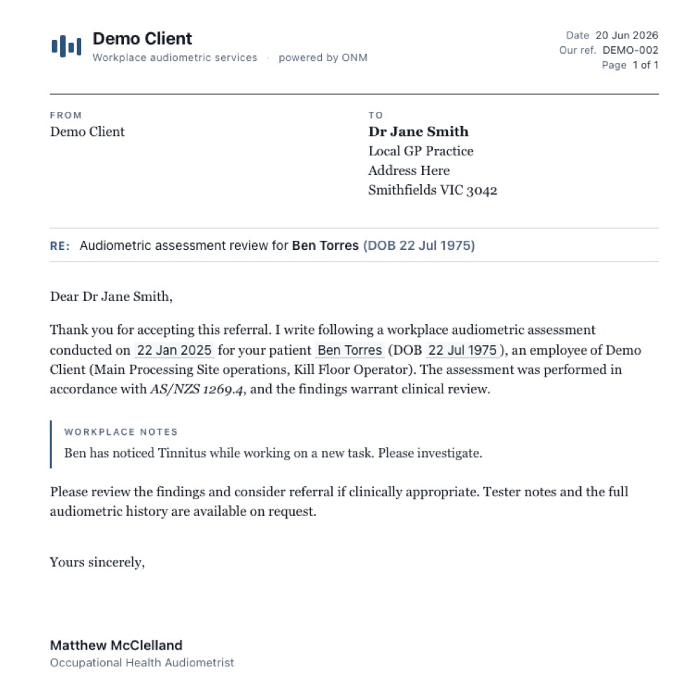 The generated GP referral letter on the client's letterhead, ready to send